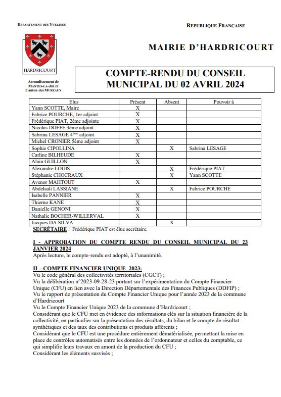 COMPTE-RENDU DU CONSEIL MUNICIPAL DU 02 AVRIL 2024